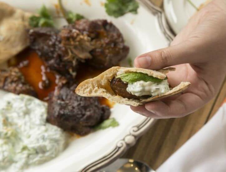 Moroccan Braised Lamb Shoulder With Tzatziki And Naan